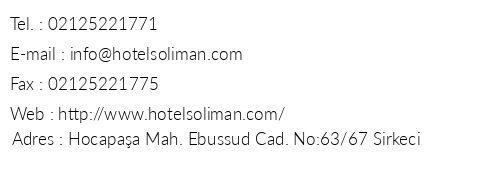 Hotel Soliman telefon numaralar, faks, e-mail, posta adresi ve iletiim bilgileri